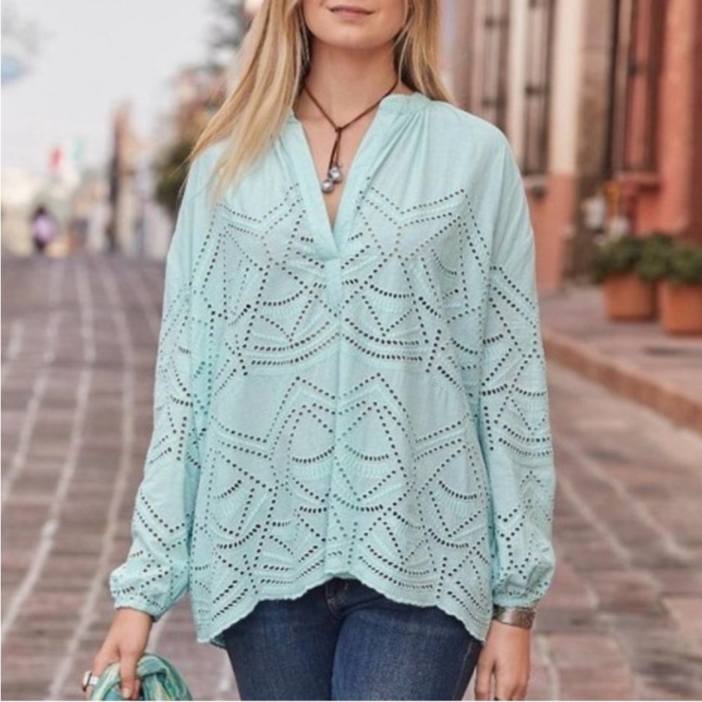 Sundance Light minty Blue Eyelet Boxy long sleeve blouse